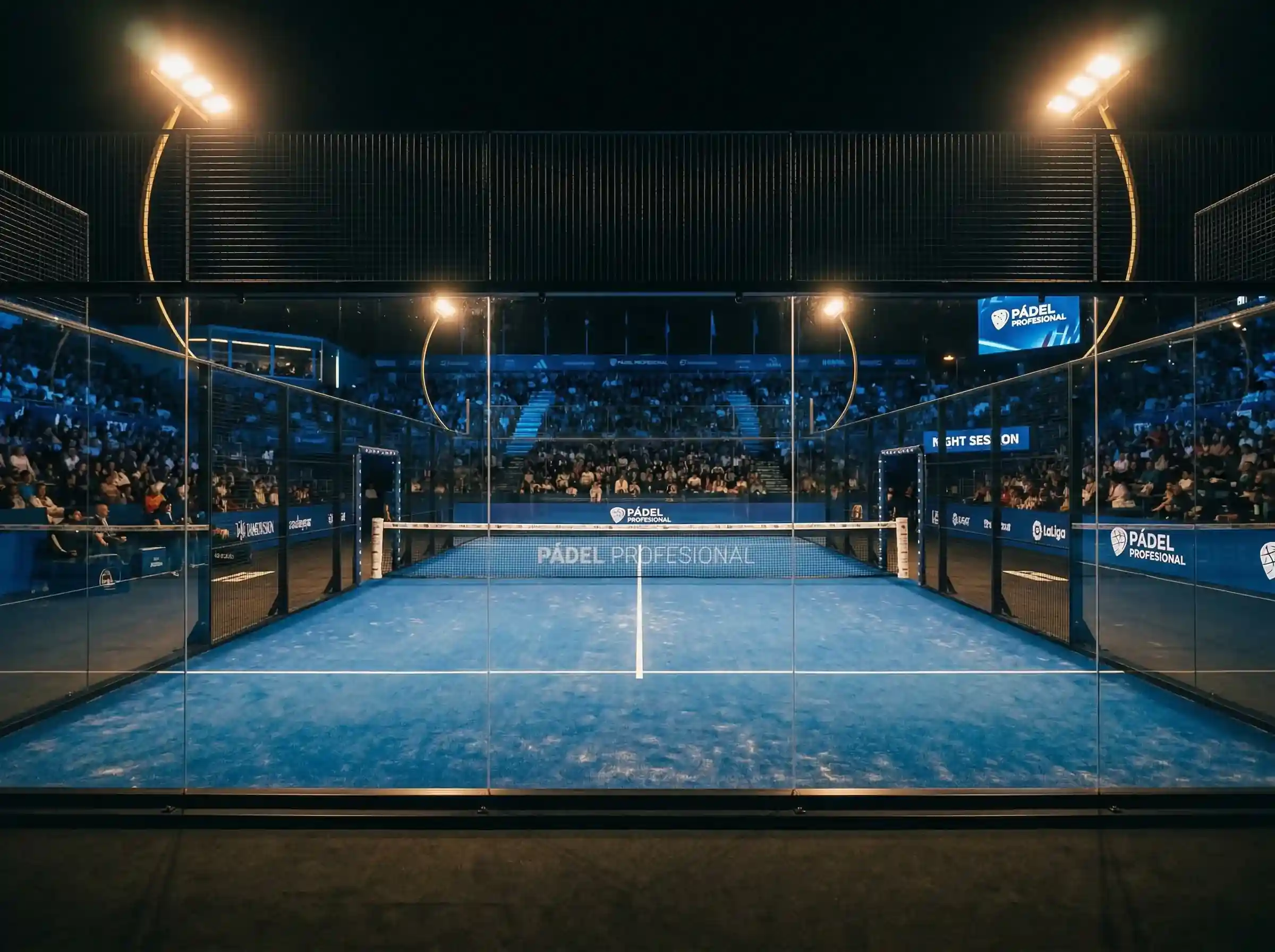 Pista de pádel profesional durante un torneo Premier Padel con iluminación de competición