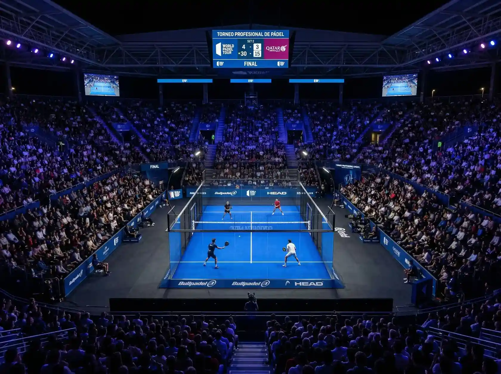 Pista central de un torneo Premier Padel con gradas llenas de espectadores e iluminación profesional